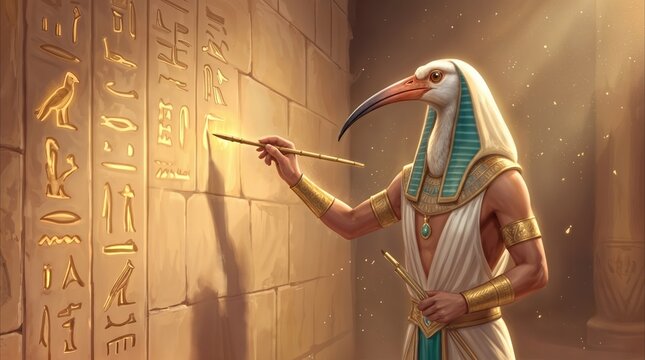 Thoth, the ibis-headed deity of wisdom, inscribing glowing hieroglyphs onto a stone wall in an ancient temple. Fantasy concept of Egyptian mythology.