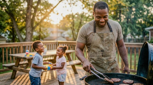 Father grilling burgers for his children on a sunny backyard deck.
