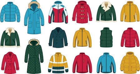 Winter Outerwear Collection Featuring Puffer Jackets, Parkas, Duffle Coats, Fleece Jackets, Quilted Coats, Vests, Hoodies, and Cold Weather Apparel Vector Set © MdNazmul