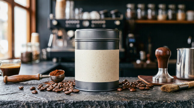 Mockup hiperrealista de una lata cil&iacute;ndrica met&aacute;lica mate para caf&eacute; molido sobre una encimera de piedra oscura. Rodeada de granos de caf&eacute; y utensilios de barista. Fondo minimalista desenfocado. 