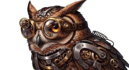 Fototapeta premium Steampunk Owl Intricate Gears Goggles Fantasy Illustration