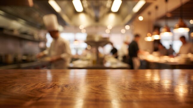 Wooden table top in foreground with blurred view of professional chefs working in busy restaurant kitchen preparing delicious meals in warm ambient lighting for food advertising
