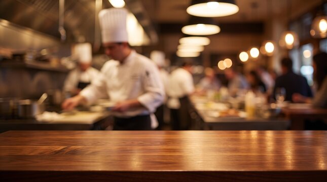 Wooden table top in foreground with blurred view of professional chefs working in busy restaurant kitchen preparing gourmet meals in warm ambient lighting for food concepts