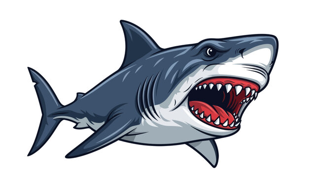 Great white shark mascot with open jaws and sharp teeth