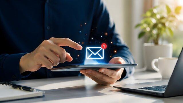 Businessman holding tablet with glowing email notification icon popping up representing new message and digital communication