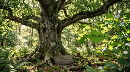 Fototapeta premium Ancient oak tree embodying resilience and endurance in a forest