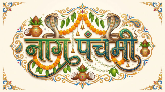 Nag Panchami Hindi Festival Typography with Sacred Cobras and Traditional Decorative Elements for Greeting Banner