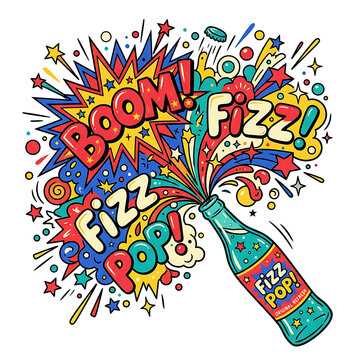 Colorful pop art champagne bottle exploding with confetti