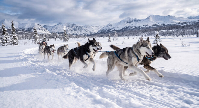 Sled Dogs Race Through Snowy Landscape: A team of Siberian Huskies pulls a sled across a vast, snow-covered terrain under a dramatic, cloudy sky with majestic mountains in the background.