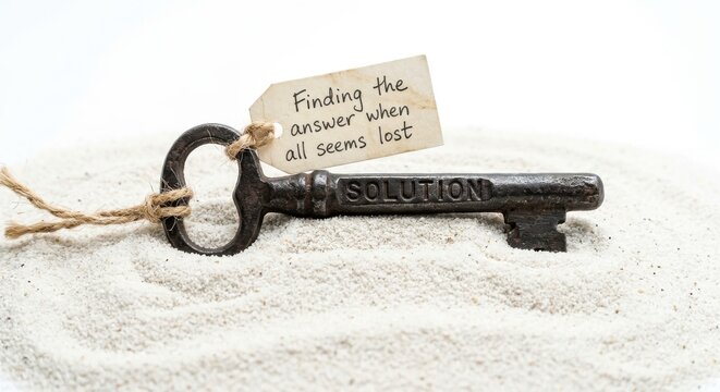 Antique key with tag offering solution to finding answers