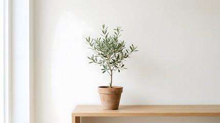 Fototapeta premium Potted green plant on wooden shelf against white wall in soft natural light