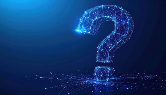 Futuristic Blue Digital Question Mark Symbol in a Networked Wireframe Style Representing AI Technology Data and Seeking Solutions