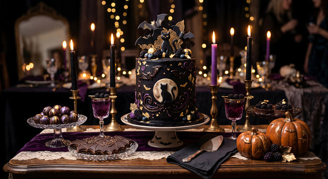 Gothic Halloween party dessert table with candles and spooky cake.〈キャンドルと不気味なケーキが並ぶ、ゴシック調のハロウィーンパーティー用デザートテーブル〉