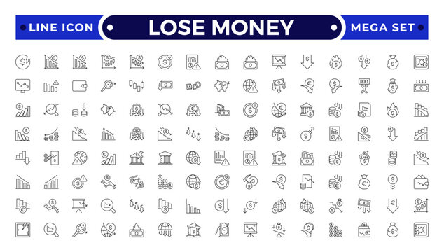 Lose money and Financial Growth Icon Set with Profit, Income, Investment, Currency, Banking, Statistics, and Business Performance Symbols for Finance and Analytics Design Use.