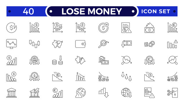 Lose money and Financial Growth Outline Icon Set with Profit, Income, Investment, Currency, Banking, Statistics, and Business Performance Symbols for Finance and Analytics Design Use.