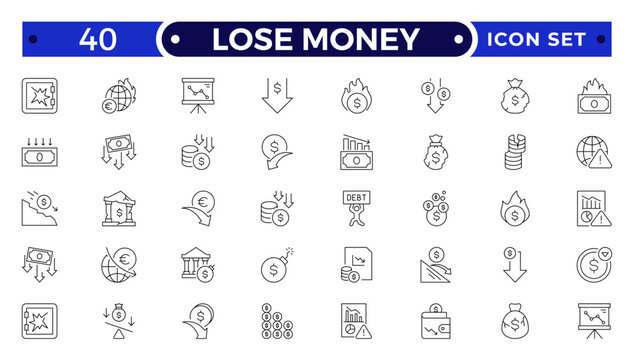 Lose money and Financial Growth Outline Icon Set with Profit, Income, Investment, Currency, Banking, Statistics, and Business Performance Symbols for Finance and Analytics Design Use.
