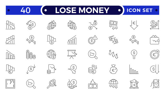 Lose money and Financial Growth Outline Icon Set with Profit, Income, Investment, Currency, Banking, Statistics, and Business Performance Symbols for Finance and Analytics Design Use.