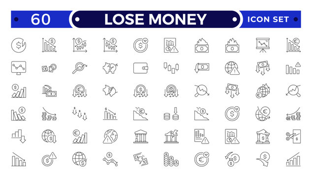 Lose money and Financial Growth Outline Icon Set with Profit, Income, Investment, Currency, Banking, Statistics, and Business Performance Symbols for Finance and Analytics Design Use.