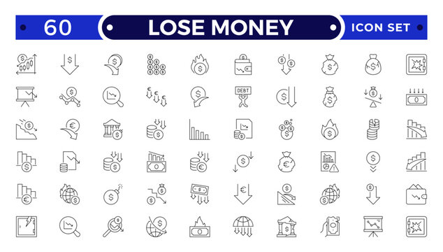 Lose money and Financial Growth Outline Icon Set with Profit, Income, Investment, Currency, Banking, Statistics, and Business Performance Symbols for Finance and Analytics Design Use.