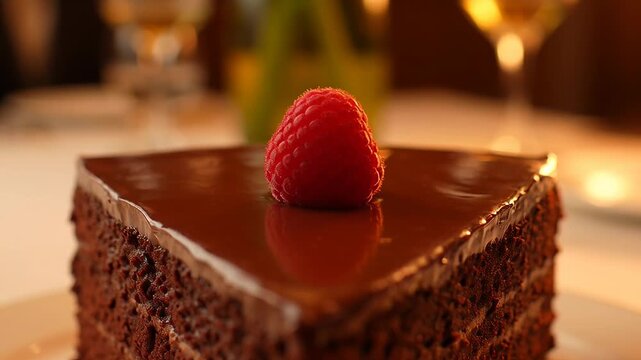 Decadent chocolate cake slice with raspberry on top