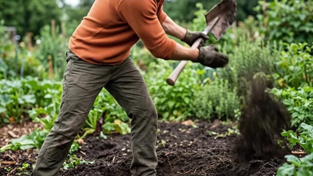 Man digging garden soil with shovel. Gardener tending vegetable bed among herbs and greens. Organic farming and sustainable outdoor cultivation concept