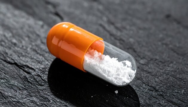 Opened Orange and Clear Gelatin Capsule Revealing White Powder