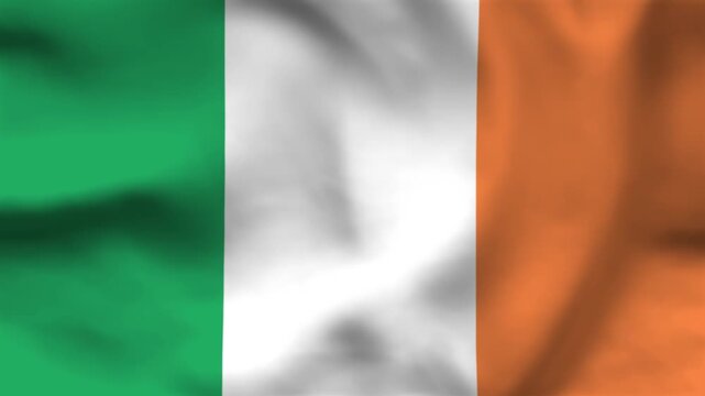 Ireland flag on wavy fabric, top view. Realistic textile texture with green, white, and orange vertical stripes