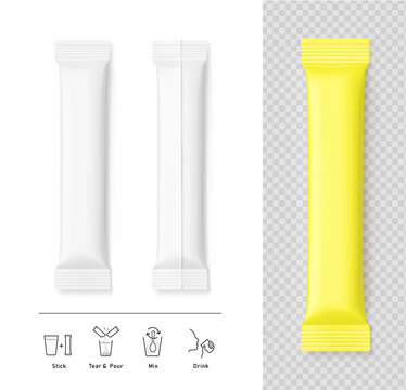 Blank package stick mockup with set icons. 3D hight realistic vector illustration isolated on white background. Scalable, editable without lose quality. Ready layered template for your design. EPS10.