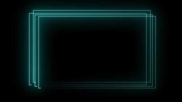Neon Cyan glowing square and rectangle frame animation. 4K neon light frame icon isolated on black background...