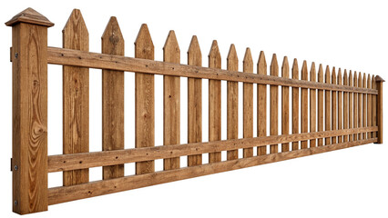 Obraz premium Classic brown wooden picket fence garden border isolated on a transparent background