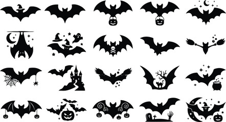 Fototapeta premium Spooky Flying Bats, Haunted House, and Witch Silhouette Elements Pack