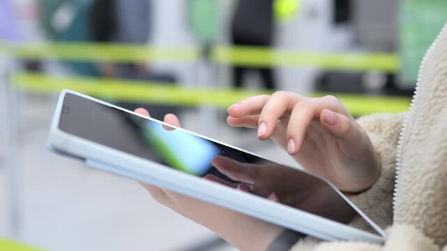 Person holds tablet, taps screen with fingers. Wears beige fleece jacket. Background shows blurred yellow barriers and people. Scene appears to be an indoor public space. Focus remains on hands