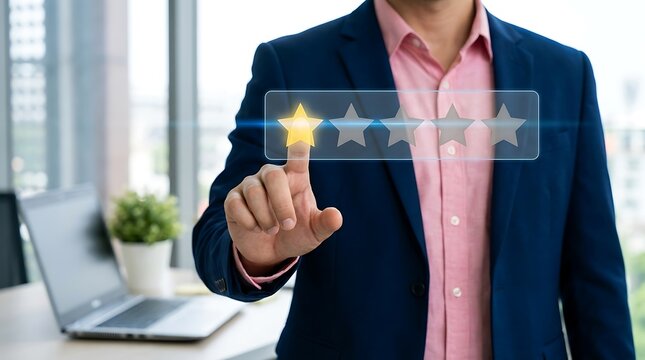 Man in blue suit jacket and pink shirt giving one star rating with finger