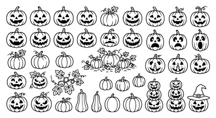Fototapeta premium Halloween pumpkin jack-o'-lantern icons set, black and white line art spooky pumpkin faces, 40 vector elements for autumn holiday decoration