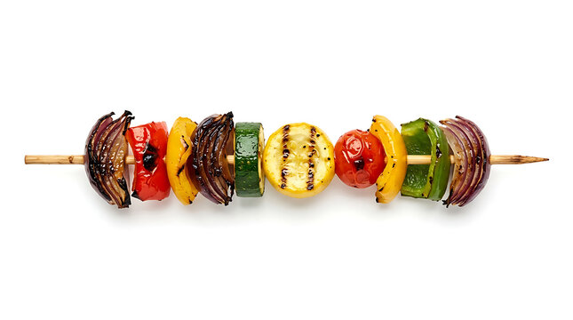 Fresh Grilled Vegetable Skewer on Wooden Stick Isolated on White Background