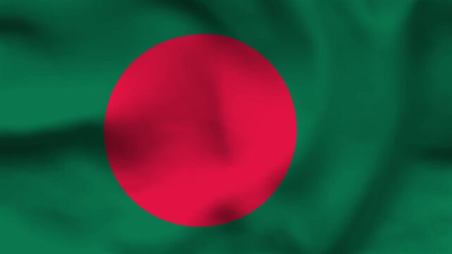 Bangladesh flag on wavy green fabric, top view. Realistic textile texture with a bold red circle emblem.