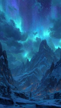 Fantasy mountain valley under a vibrant aurora borealis with glowing lights at night