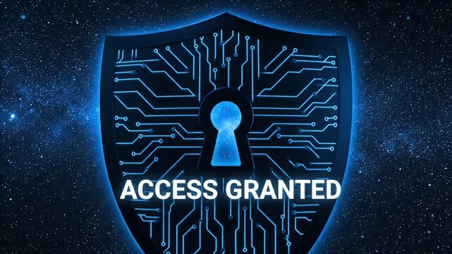 Access granted digital shield with circuit board pattern background