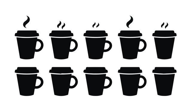 Group of steaming black coffee cups on saucers in cafe setting with warm ambient lighting