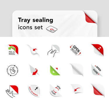 Opening or closed packaging arrows symbols icons set. Set for package, shows the place of opening. The outline vector icons are well scalable and editable for packaging label design. EPS10.
