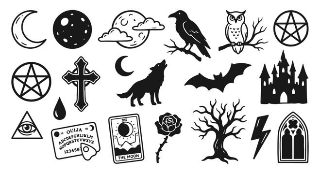 Gothic occult mystical icons set, black magic and witchcraft symbols vector, spooky halloween elements for tattoo design and esoteric branding