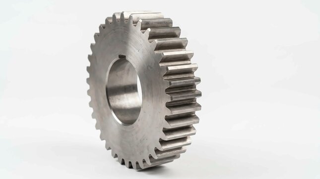Shiny steel gear wheel with sharp teeth isolated on a clean white studio background surface