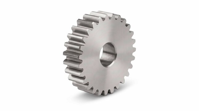 Shiny metallic gear wheel with precise teeth isolated on a clean white studio lit background