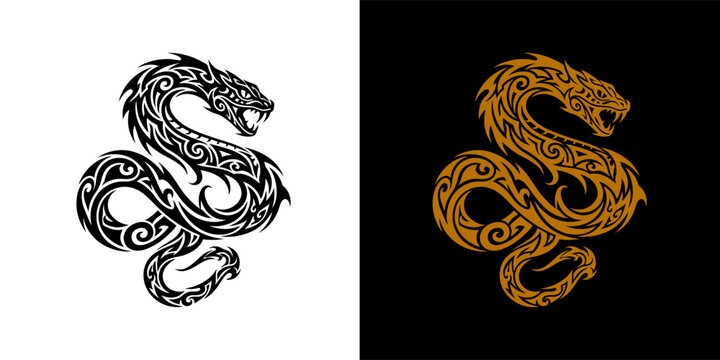 Fierce tribal viper head graphic tattoo design isolated on white background.