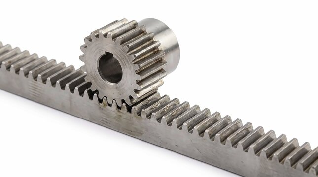 Steel pinion gear meshing perfectly with a flat rack gear component on a white background