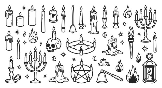 Mystical candle vector icons set, gothic occult ritual elements with skulls and candelabras, black and white hand drawn magic candle illustrations