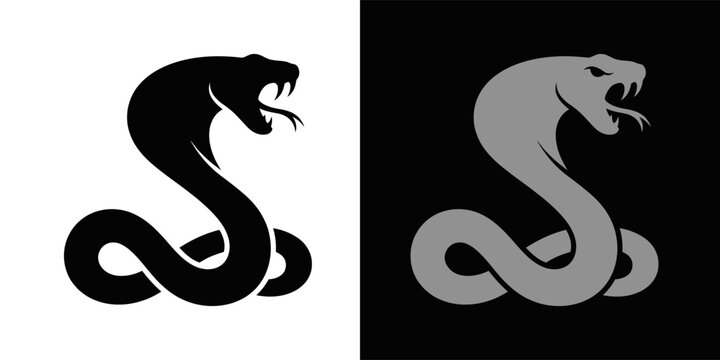 Black and grey viper snake cobra icon isolated on white and black backgrounds.