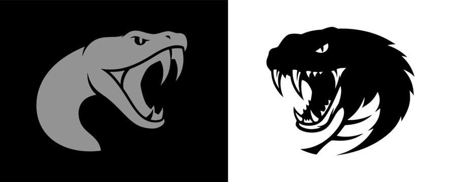 Set of aggressive snake head vector illustrations isolated on white and black background.
