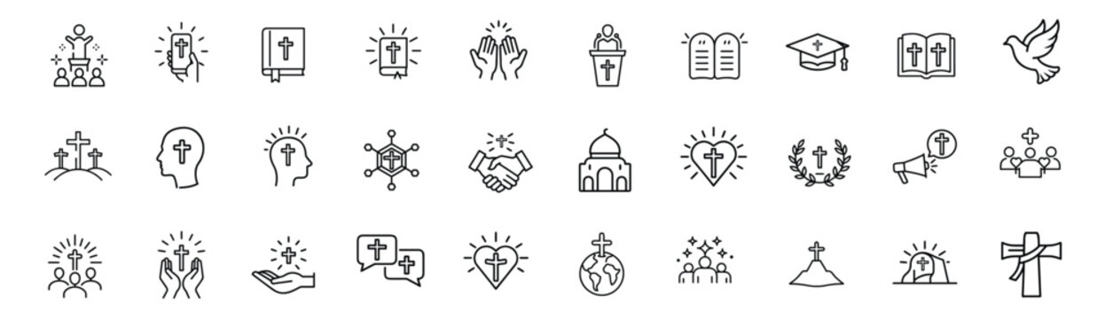 Christian religion faith church line icons set cross bible dove jesus pray heaven heart & more vector illustration with editable stroke