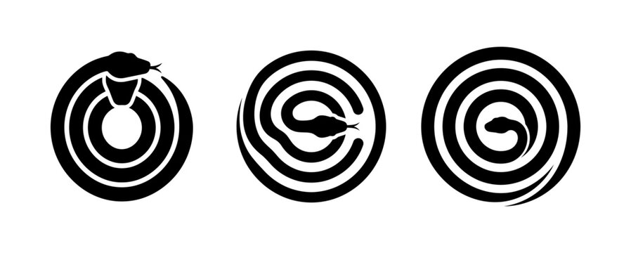 Three coiled snake icons in black and white, circular patterns, abstract art.